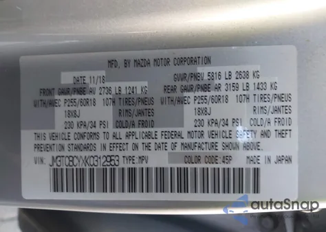 2019 Mazda Cx-9 Touring z USA, uszkodzony, nr VIN JM3TCBCYXK0312953